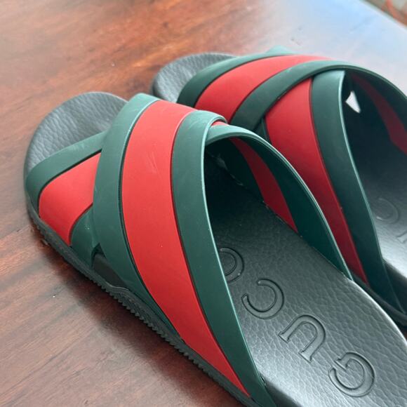 Gucci Web Pannelled Rubber Sandals Womens Slides size 9 green red - Picture 5 of 16
